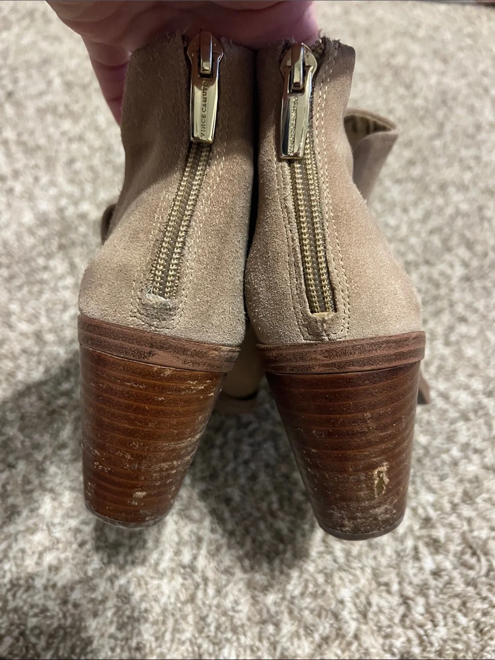 Vince Camuto Suede Ankle Booties in Taupe with Stacked Heel- size 9.5
